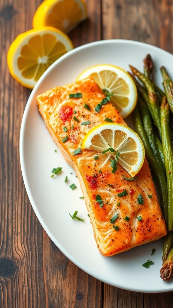 Quick Air Fryer Frozen Salmon Recipe Air fryer salmon fillet garnished with herbs and lemon on a plate with vegetables.
